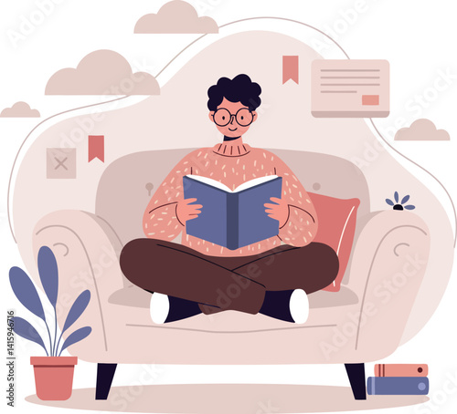 Young man sitting cross-legged on beige sofa reading book calm cozy minimal vector illustration