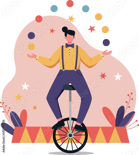 Circus performer juggling colorful balls on unicycle in minimal flat design vector illustration