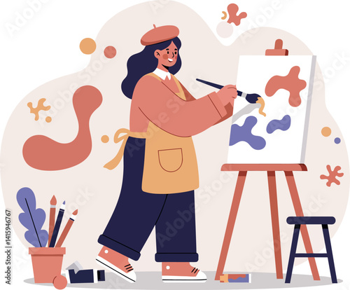 Young female artist painting abstract shapes on canvas in minimal flat design vector illustration