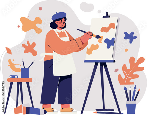 Female artist painting abstract shapes in minimal flat style with easel and brushes vector illustration