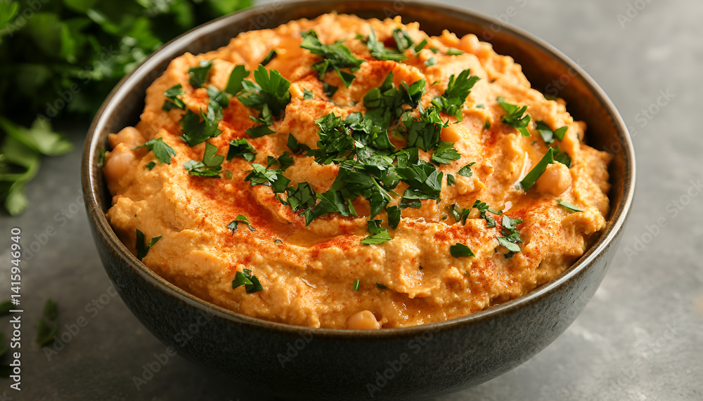 Delicious hummus with parsley, paprika and chickpeas in bowl on grey table, top view Delicious hummus with parsley, paprika and chickpeas in bowl on grey table, top view
