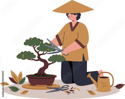 Person trimming bonsai tree with scissors wearing traditional hat flat minimal vector illustration