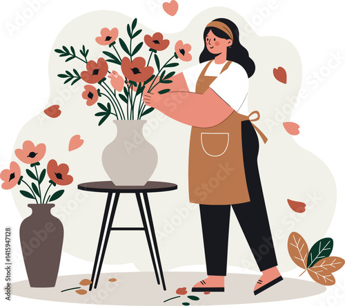 Woman arranging pink flowers in vases with apron standing near stool flat style vector illustration