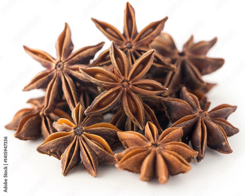 Whole sliced star anise spice deep brown color and unique star shape isolated on a white background Whole sliced star anise spice deep brown color and unique star shape isolated on a white background