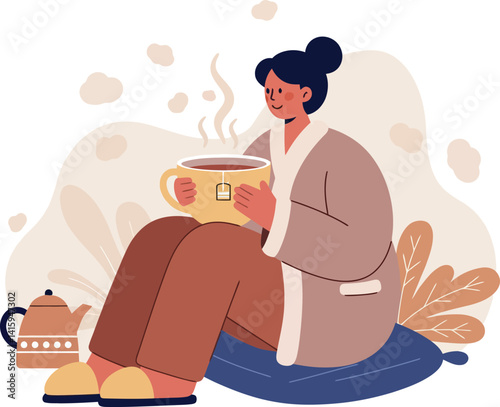 Woman in cozy home clothes holding steaming cup sitting on cushion minimal flat vector illustration