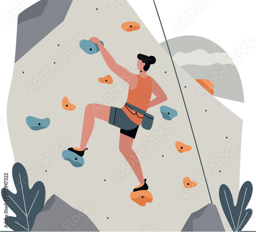 Female rock climber scaling indoor climbing wall with colorful holds in flat design vector illustration