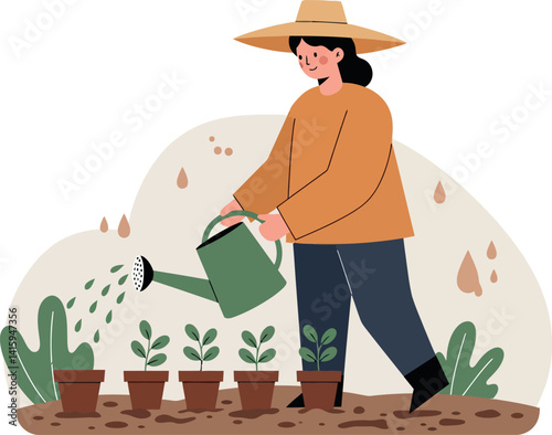 Woman gardening in wide hat watering young plants with green watering can flat minimal vector illustration