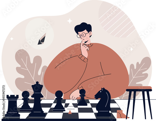 Thoughtful man playing chess with oversized pieces in minimal flat design sitting vector illustration