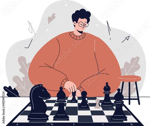 Young man playing strategic chess game in oversized sweater sitting at table flat vector illustration
