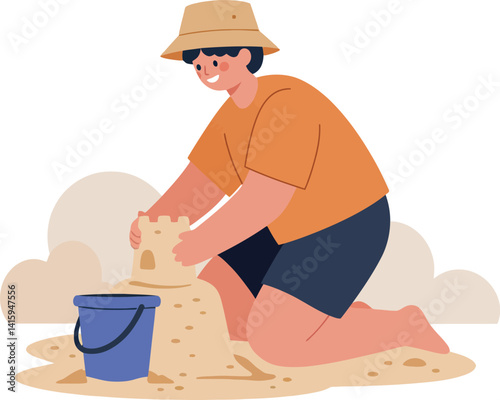 Young boy building sandcastle on beach wearing hat and sunglasses in flat minimal vector art