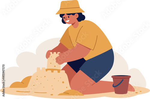 Child building a sandcastle at the beach in flat design style vector illustration