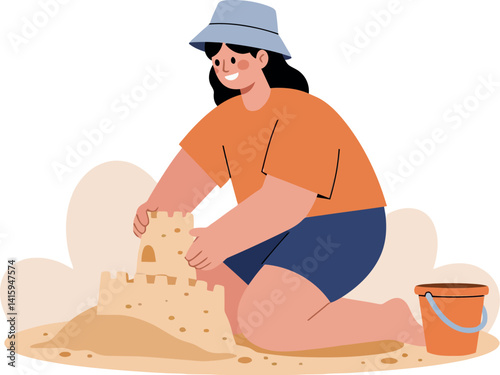Young woman building sandcastle on beach in flat design style vector illustration