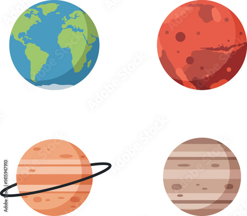 Four colorful planets including Earth, Mars, Saturn, and Jupiter in flat design vector illustration