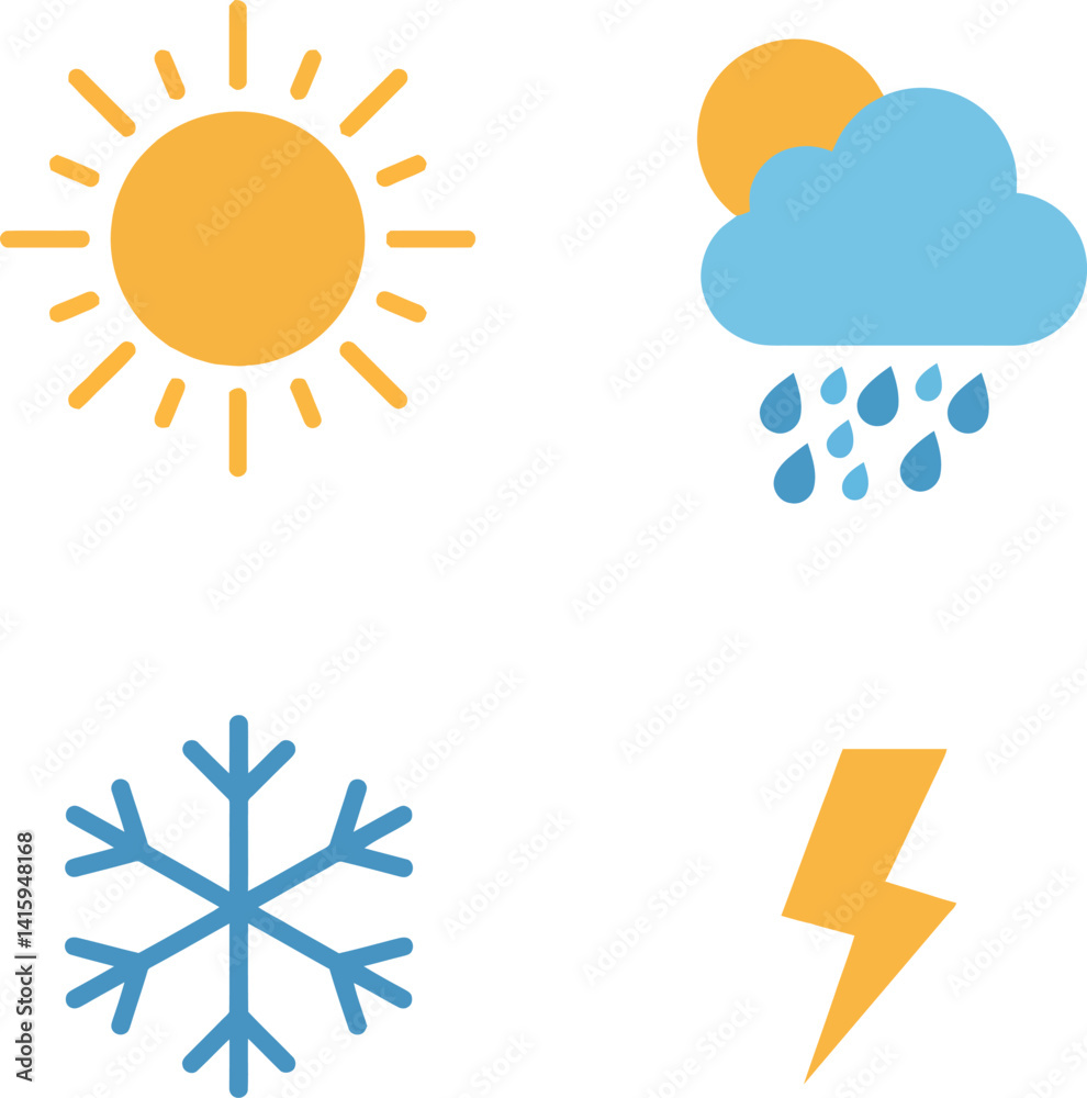 Fototapeta premium Weather icons set including sun, rain cloud, snowflake, and lightning bolt in flat colorful style vector illustration