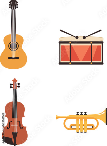Classic musical instruments flat design featuring guitar drum violin and trumpet vector illustration