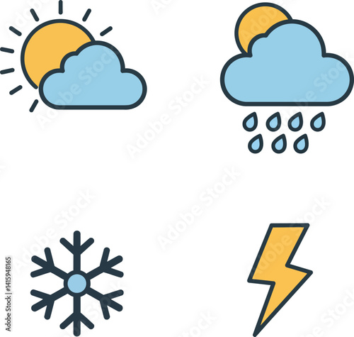 Weather icons showing sun with cloud, rain cloud, snowflake, and lightning bolt flat vector illustration