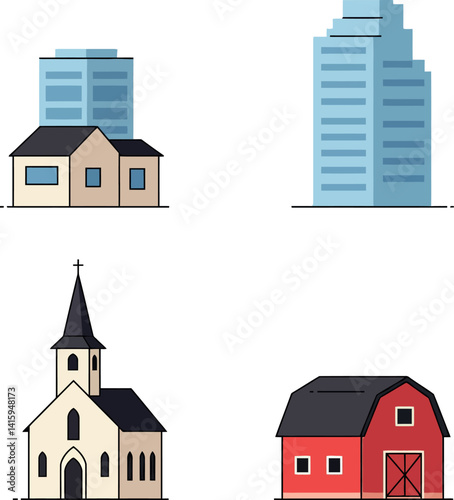 Urban buildings suburban house modern skyscraper rural church red barn flat design vector illustration