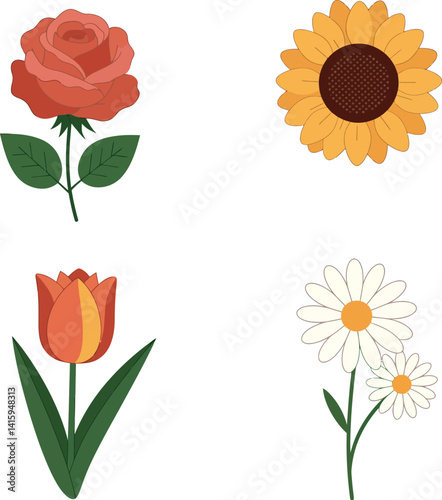 Colorful flower collection with rose sunflower tulip and daisy in flat minimal vector art