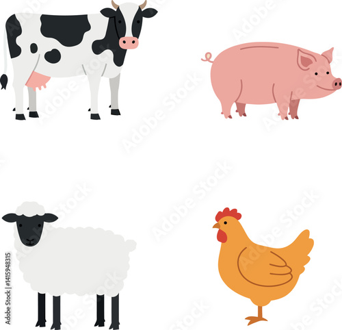 Farm animals including cow pig sheep and chicken in simple flat style vector illustration