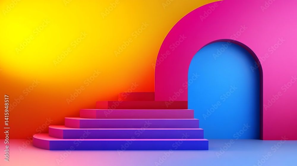 Colorful stairs lead to a blue opening framed by pink archway against a bright yellow background, presenting a minimalist design.