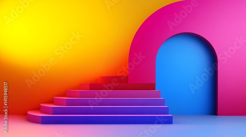 Obraz na płótnie Colorful stairs lead to a blue opening framed by pink archway against a bright yellow background, presenting a minimalist design. w salonie