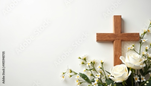 Wooden Christian cross with white flowers against muted white background. Funeral template, invitation card, sympathy concept for remembrance, mourning memorial. Religion symbol, floral arrangement