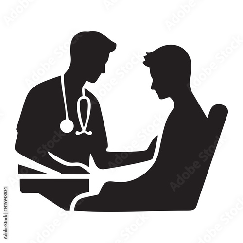Black and white illustration of a doctor and patient silhouette discussing the patient's illness