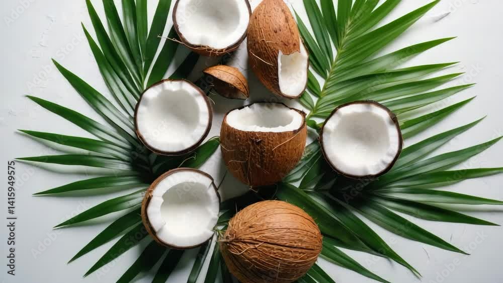 Coconut halves and palm leaves on a white backdrop with text space. Aerial perspective, flat lay Coconut halves and palm leaves on a white backdrop with text space. Aerial perspective, flat lay