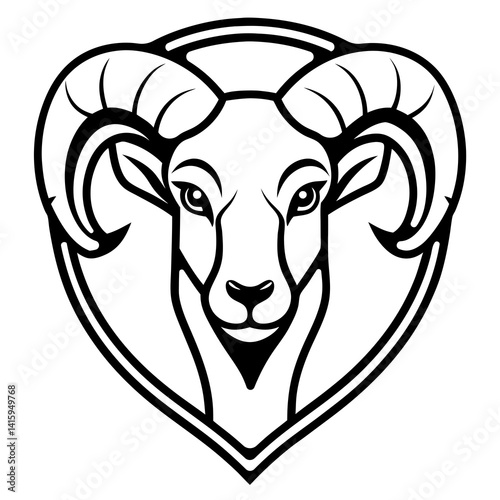 A stylized, black and white line art illustration of a ram's head. 
