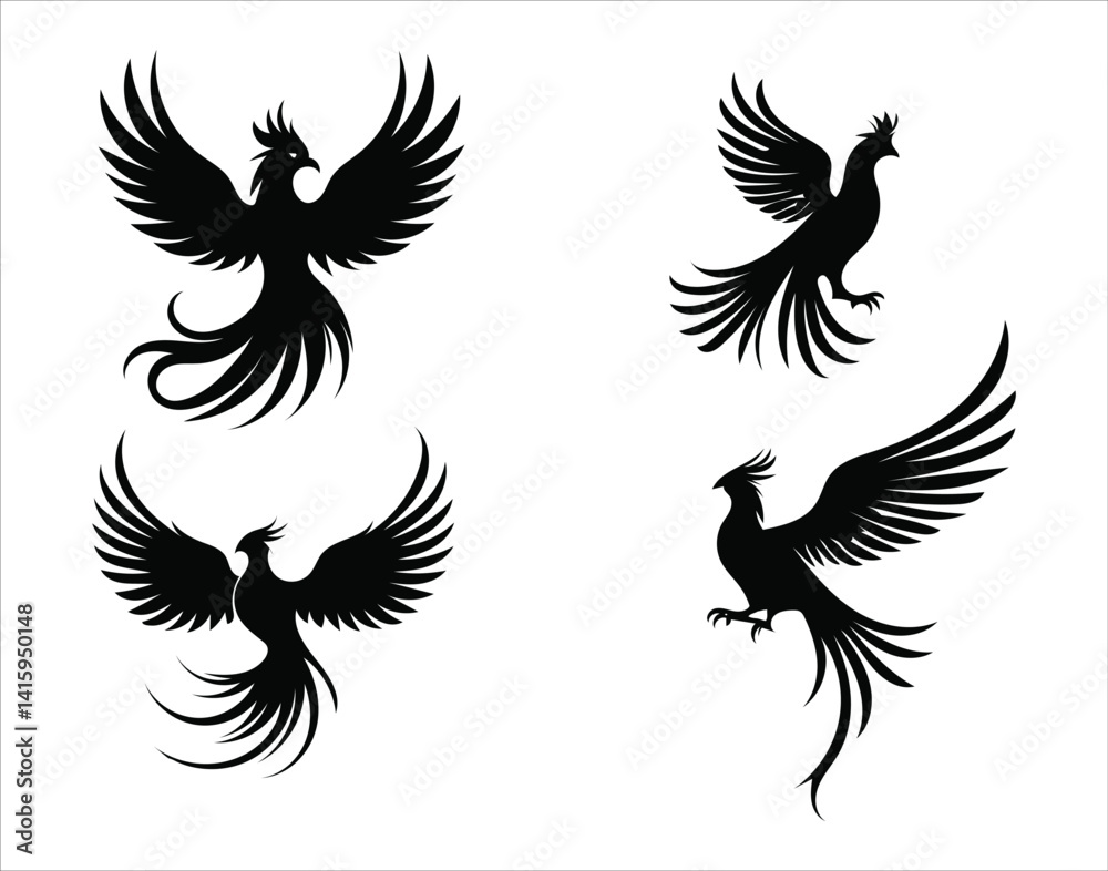 Obraz premium Phoenix Bird Tattoo Flash Sheet Black Vector Ink Illustrations of Rebirth, Fire, and Power