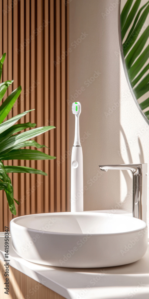 Fototapeta premium Modern electric toothbrush on the sink in a stylish bathroom with minimalist design and soft lighting. Cleanliness, morning and self-care.