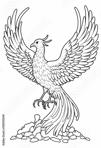 Phoenix rising from ashes coloring page for kids and adults in line art style