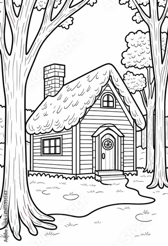 A detailed coloring book page depicting a fairytale cottage nestled in a forest