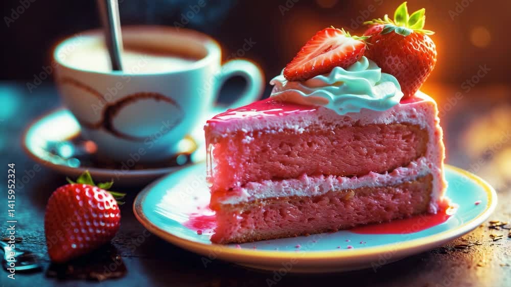 A slice of strawberry cake alongside a cup of coffee