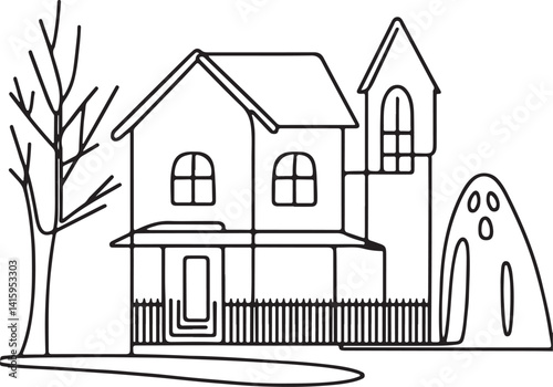 Haunted House Line Drawing for Halloween