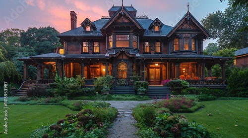 A Victorian era house featuring steeply pitched gabled roofs with intricate decorative trim