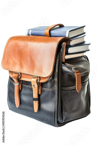 A professional-looking student bag with a leather finish, isolated on white background