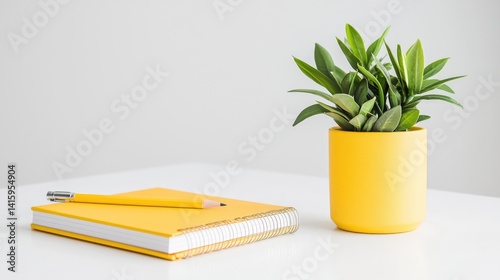 Wallpaper Mural Simple workspace with yellow notebook, pencil, and plant Torontodigital.ca
