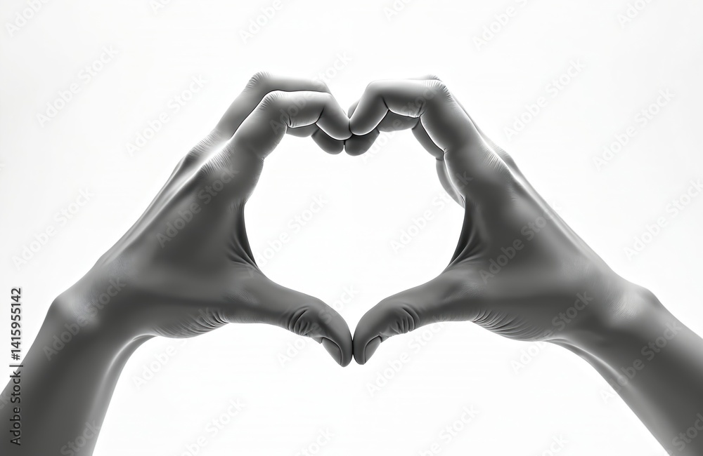 Obraz premium Two hands form heart shape with fingers touching. Hands gesture of love, care, giving. Concept of unity, connection, harmony, Valentine Day, romance, health, wellness, support, kindness. Monochrome