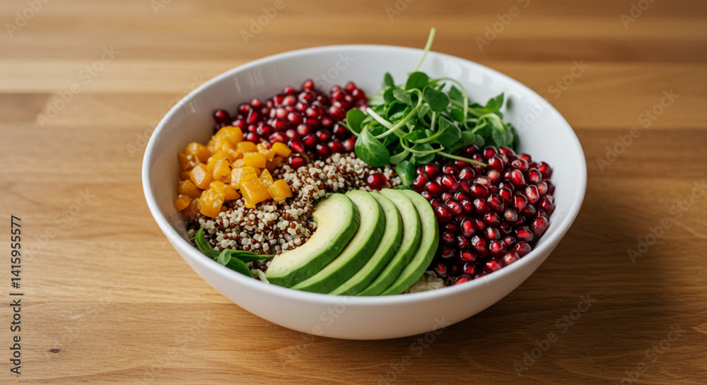 Colorful Quinoa Salad Bowl with Pomegranate, Avocado, and Fruits Colorful Quinoa Salad Bowl with Pomegranate, Avocado, and Fruits