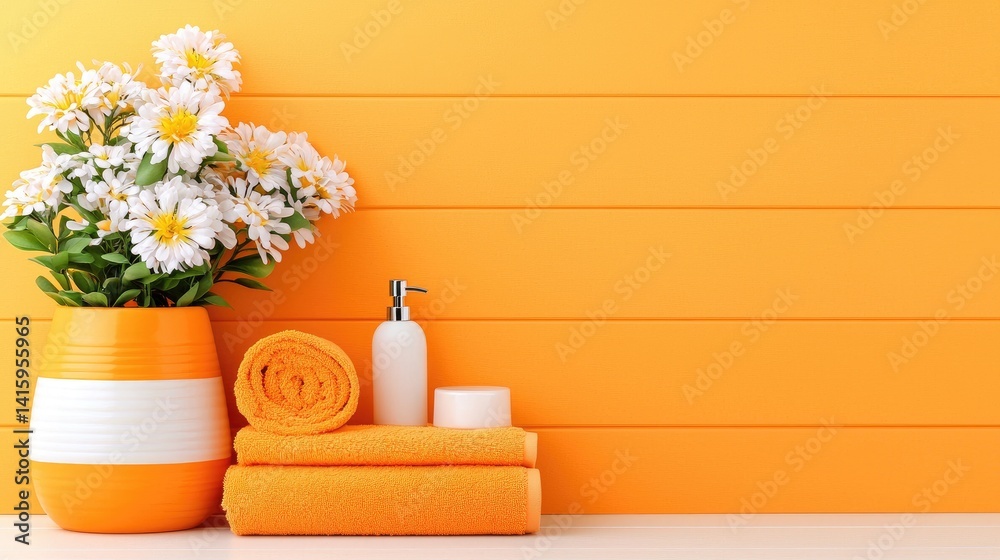 Orange spa background with towels flowers and candles wellness relaxation beauty image