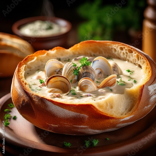 New England Clam Chowder in Brotteig serviert photo