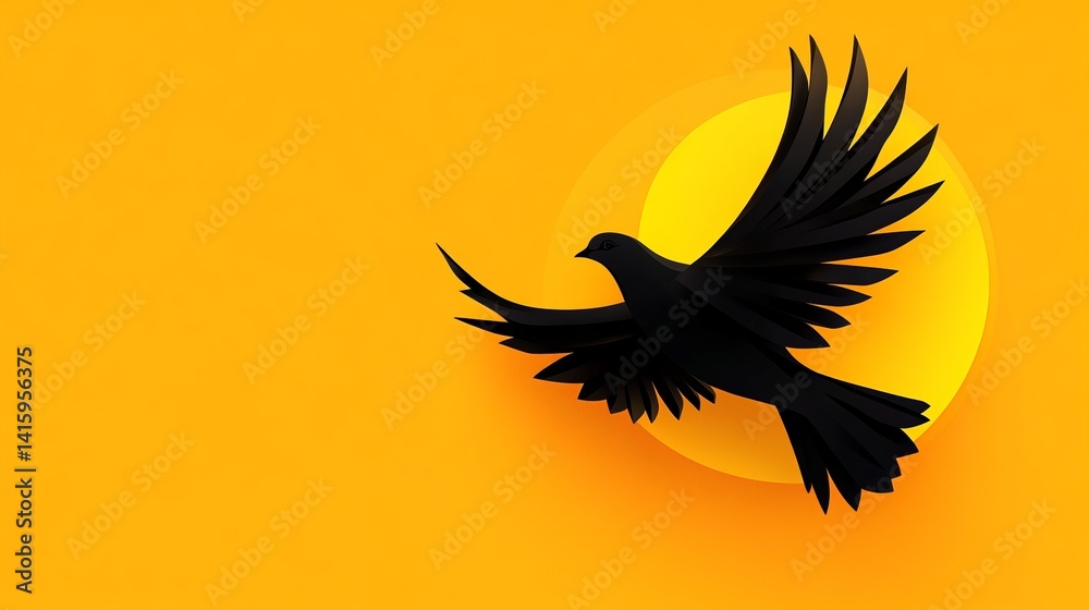 Obraz premium Black bird silhouette flies across a vibrant orange background with a yellow circular element.