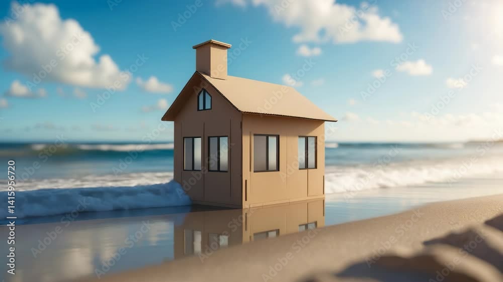 Detailed perspectives of miniature house models on sand lit by sunlight against a backdrop.