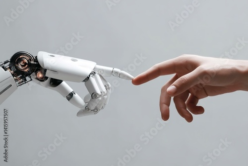 A white cyborg robotic hand with an extended finger pointing toward a human hand with an extended finger. AI robot finger and human finger making contact isolated on a gray background. photo