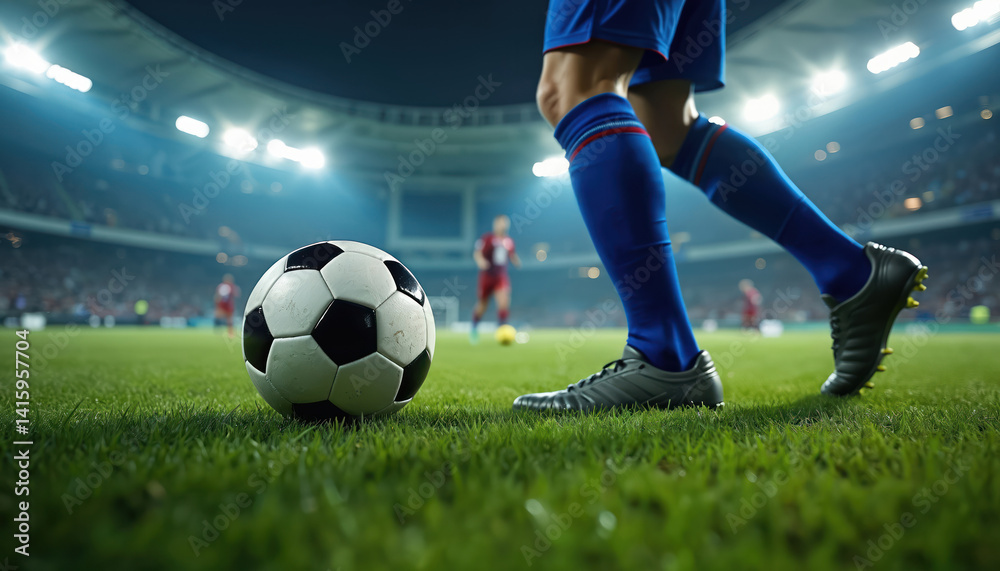 Fototapeta premium Soccer game in progress. Close-up of a soccer ball on green grass pitch. Football player runs, preparing to kick the ball during championship. Pro sport competition.