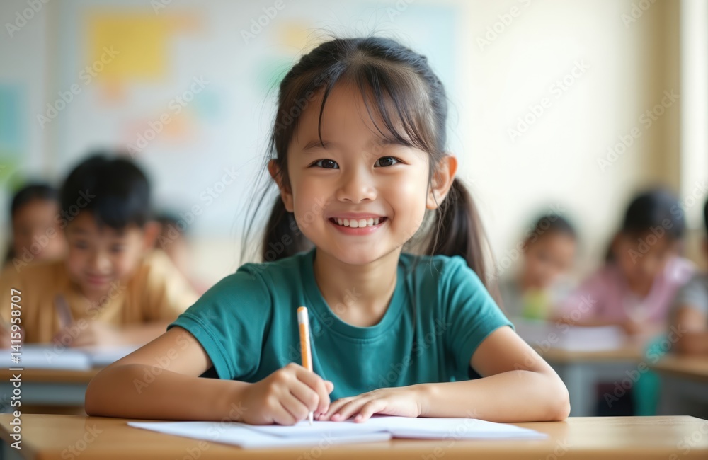 Smiling Asian schoolgirl writes in classroom. Happy child with pigtails studying lesson at desk. Young student concentrates on homework. Children education concept. Smiling Asian schoolgirl writes in classroom. Happy child with pigtails studying lesson at desk. Young student concentrates on homework. Children education concept.