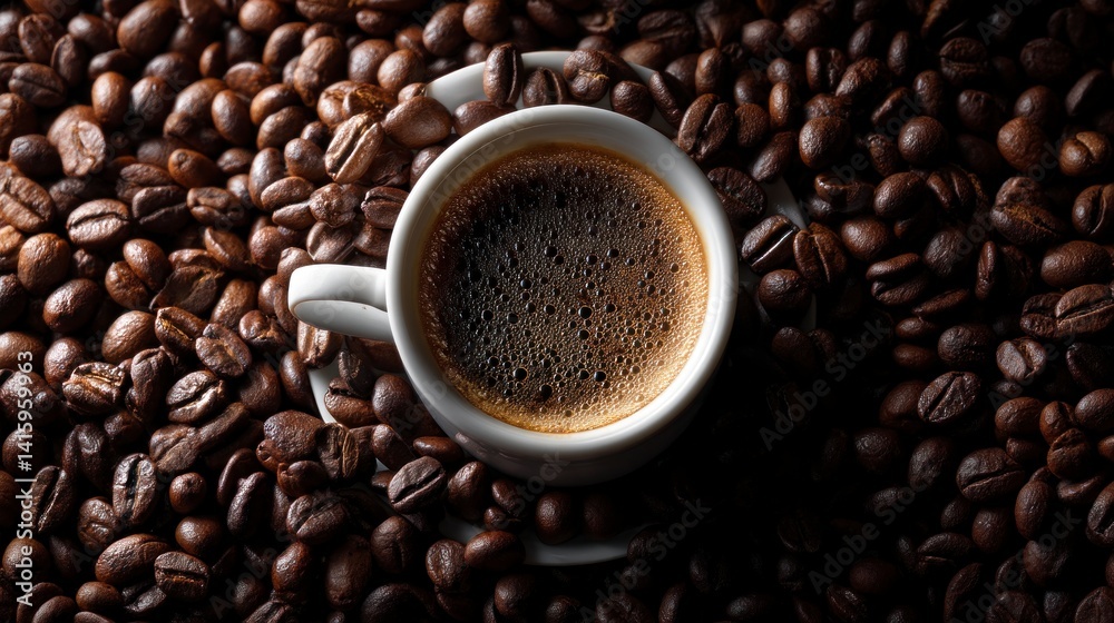 Fototapeta premium Serving Fresh Espresso Coffee Surrounded by Coffee Beans Overhead Shot