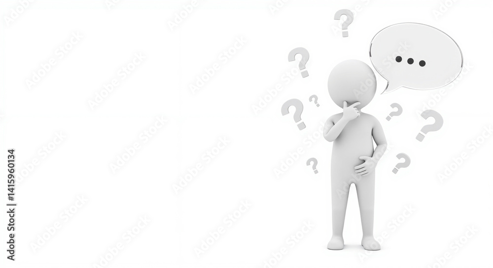 Minimalist 3D character in a thinking pose with a large speech bubble displaying '...', surrounded by floating question marks, set against a plain white background Minimalist 3D character in a thinking pose with a large speech bubble displaying '...', surrounded by floating question marks, set against a plain white background