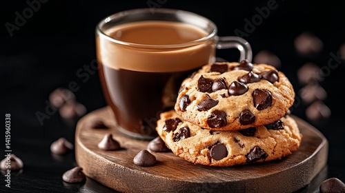 Chocolate chip cookies are stacked on a wooden board next to a clear glass cup of coffee on a black background.